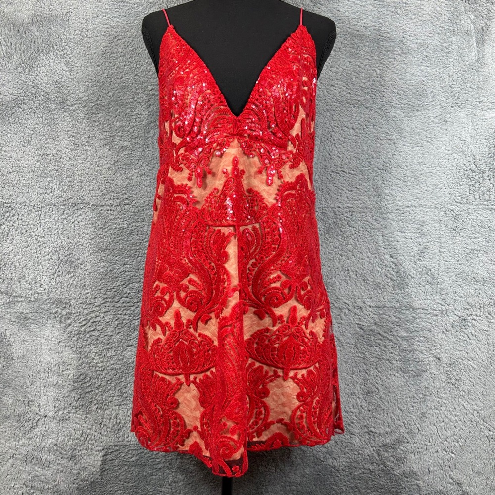 Free People Red Sequin Lace Damask Mini Dress Size 6 V-Neck Spaghetti Strap